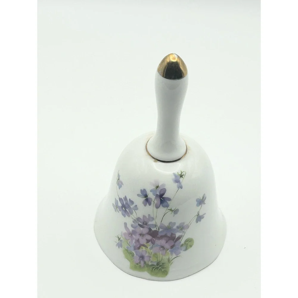 Vintage Porcelain Dinner Bell Purple Violets Floral Gold Trim Ceramic 4.75